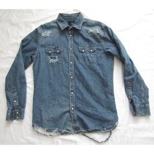 Men 1975 Original Denim Distressed  Pearl Snap Long Sleeve Shirt Sz L (MT779)